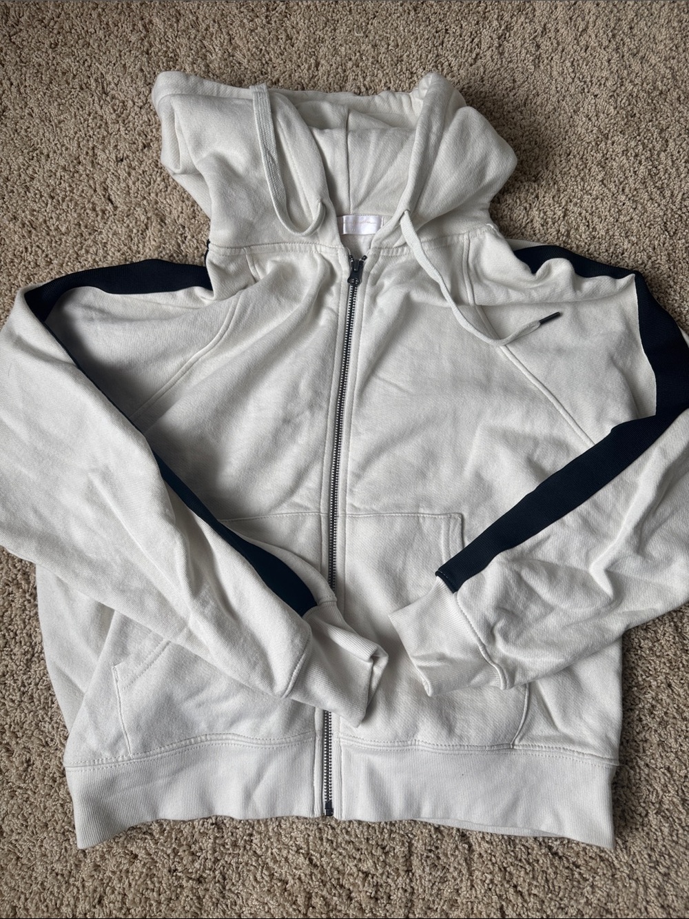 Off-White Zip-Up Hoodie with Black Sleeve Stripes